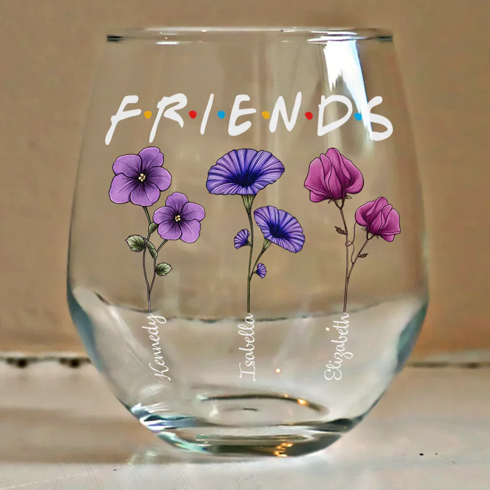 Besties Sisters Friends Birth Flowers - Personalized Stemless Wine Glass - Image 4