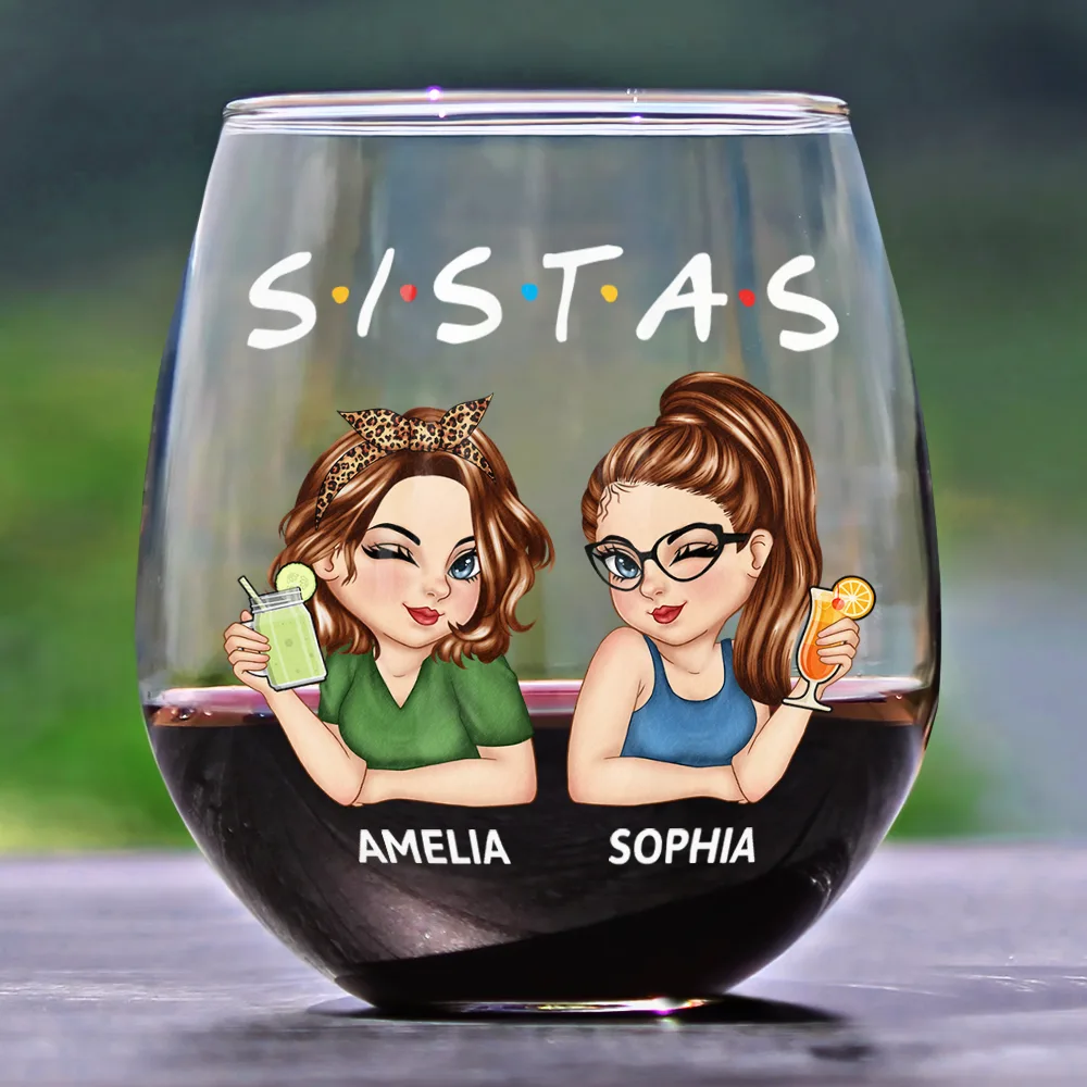 Besties Sisters Friends Turban Women - Personalized Stemless Wine Glass - Image 2