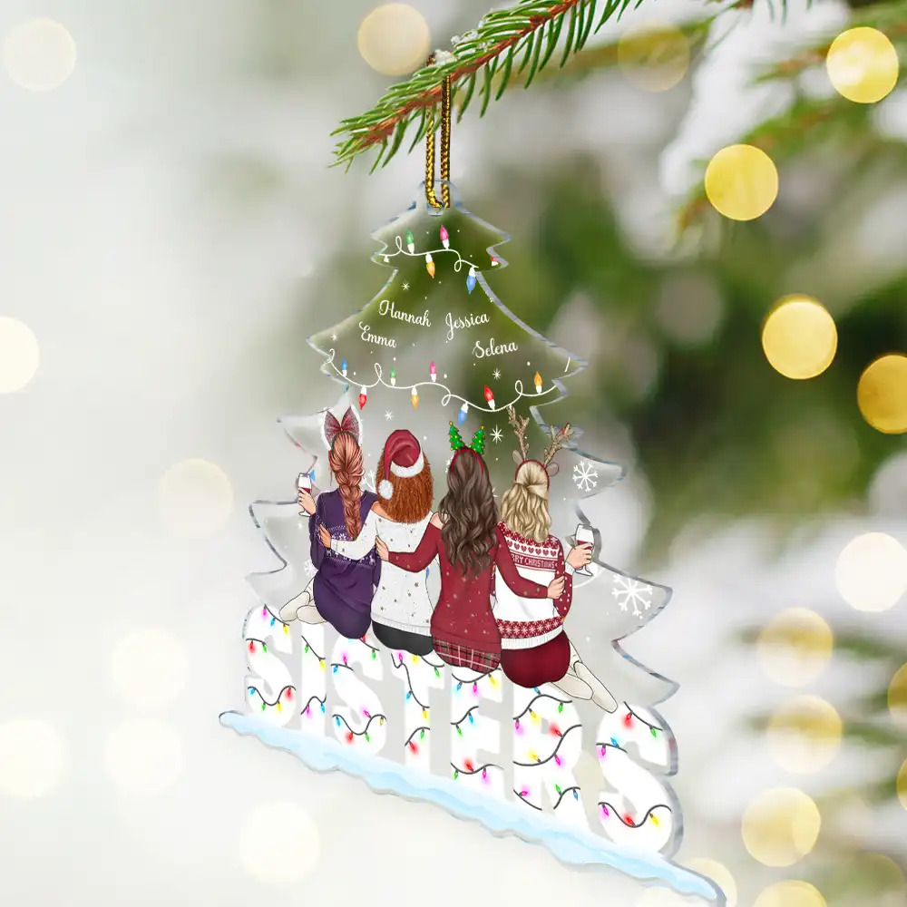 Besties Sitting Under Christmas Tree - Personalized Cutout Acrylic Ornament - Image 2