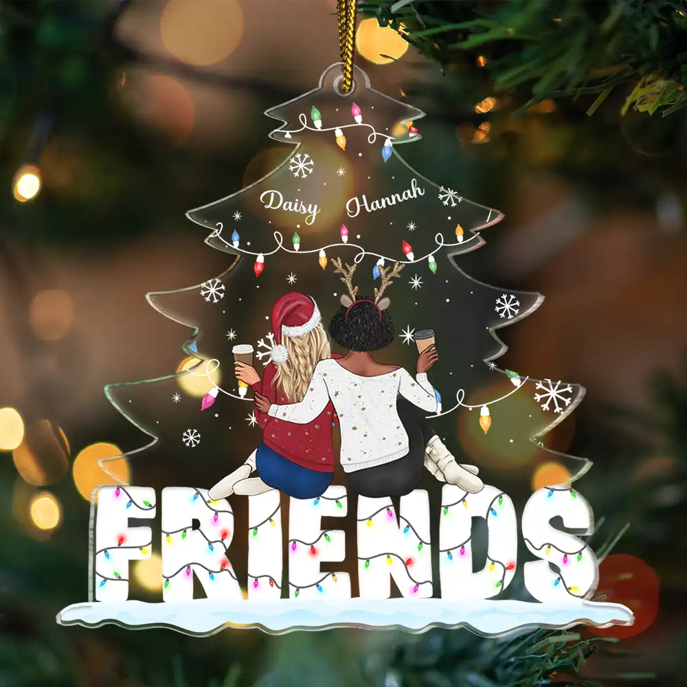 Besties Sitting Under Christmas Tree - Personalized Cutout Acrylic Ornament - Image 3