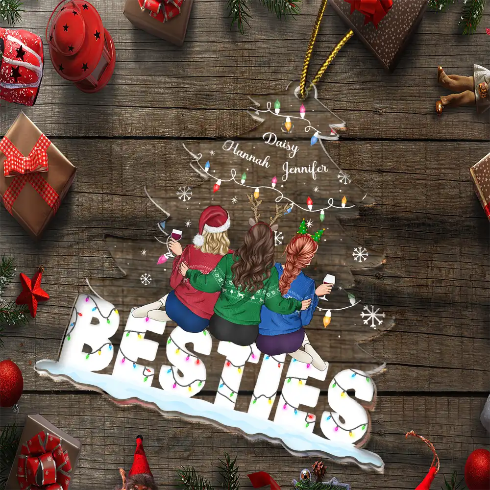 Besties Sitting Under Christmas Tree - Personalized Cutout Acrylic Ornament - Image 6