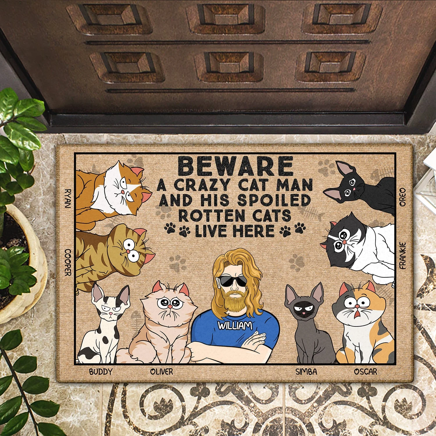 Beware A Crazy Cat Lady & Her Spoiled Rotten Cats Live Here Funny Cartoon Cat - Gift For Cat Lovers - Personalized Doormat - Image 2