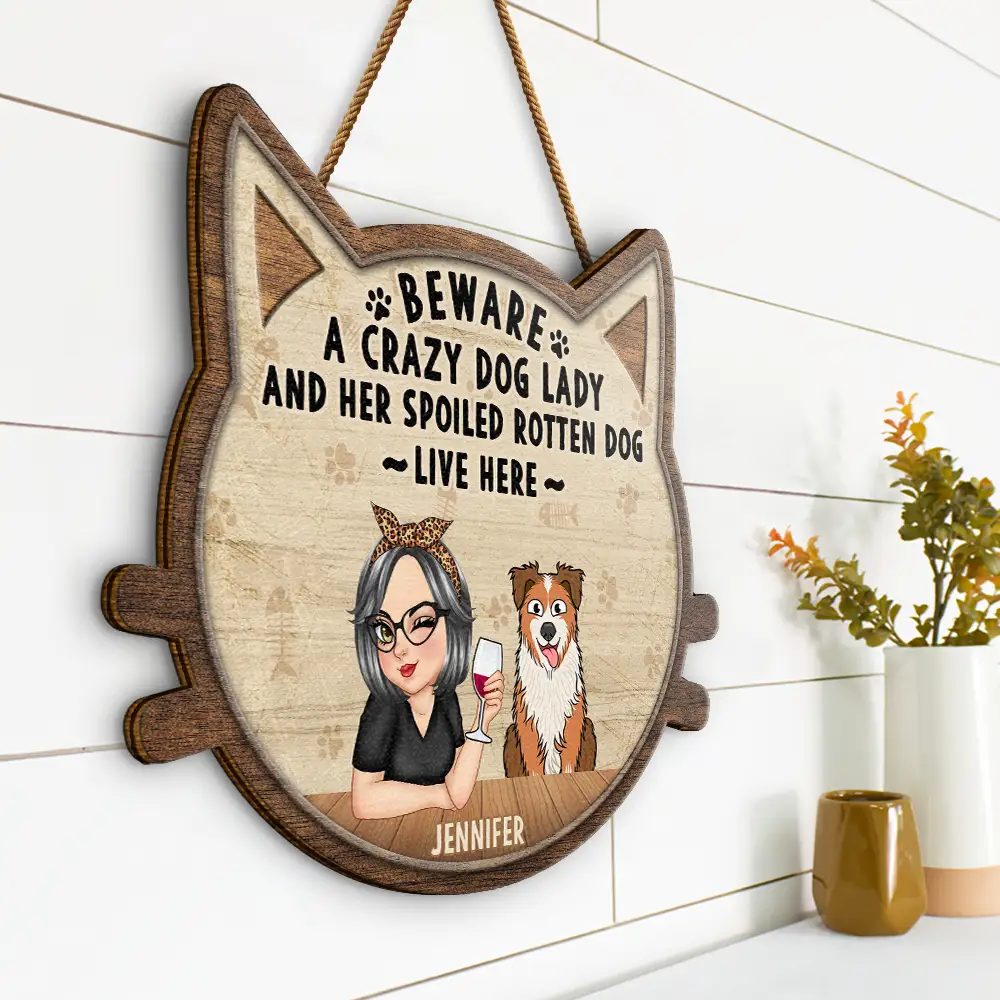 Beware A Crazy Dog & Cat Lady - Personalized Custom Shaped Wood Sign - Image 2