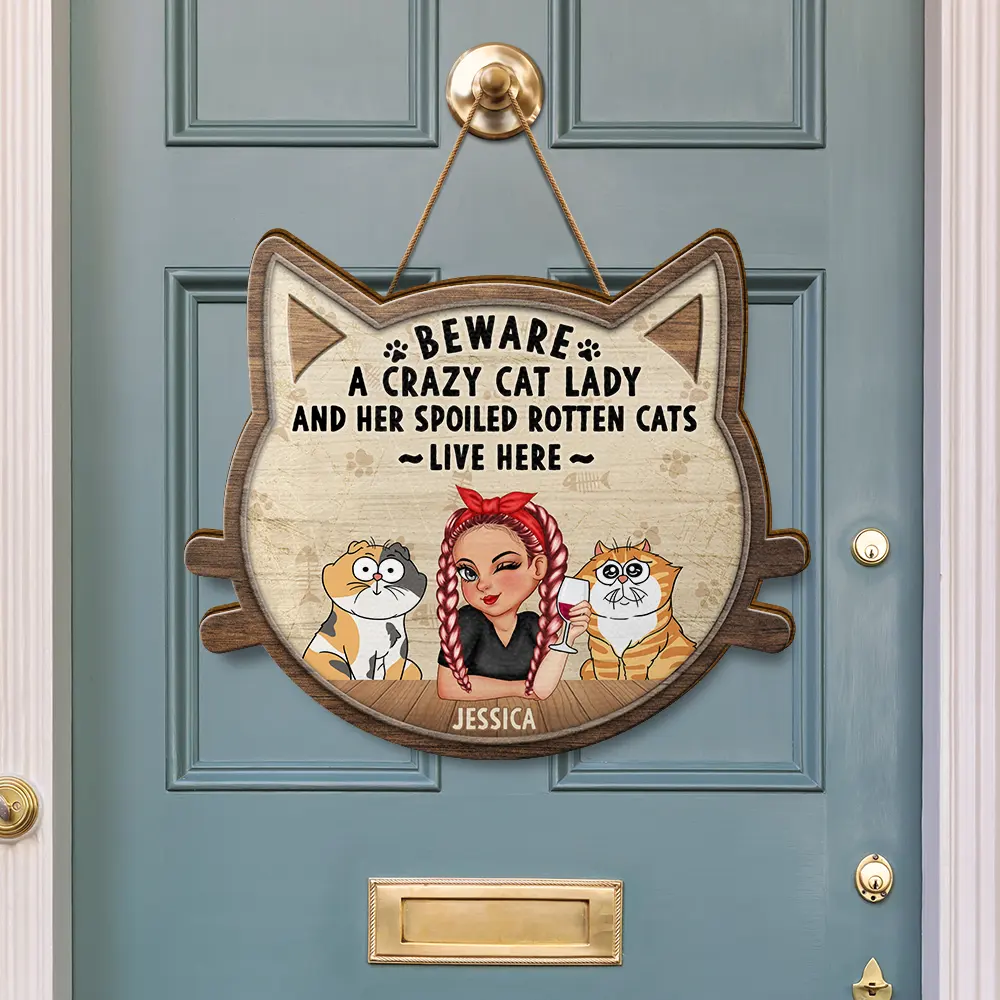 Beware A Crazy Dog & Cat Lady - Personalized Custom Shaped Wood Sign - Image 3
