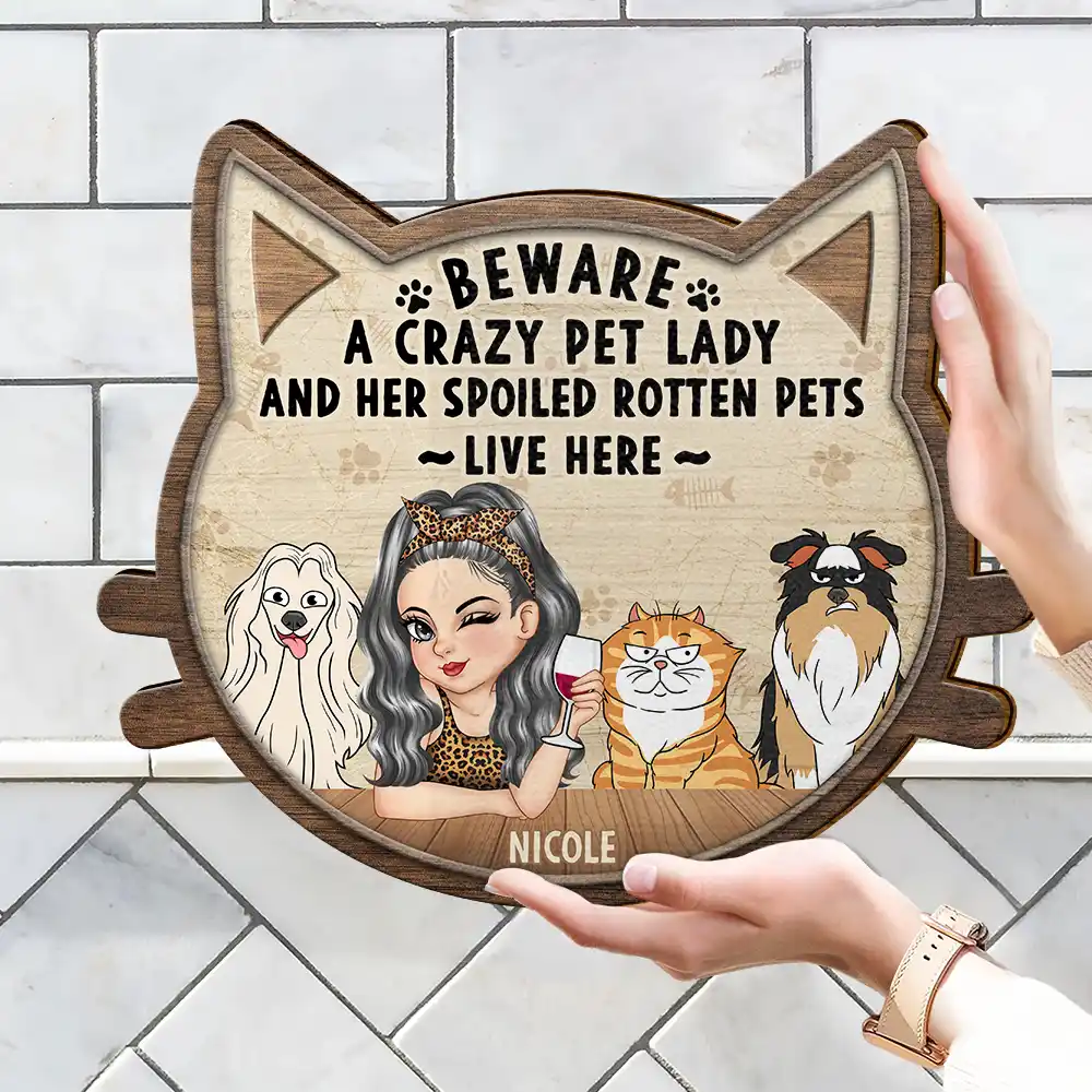 Beware A Crazy Dog & Cat Lady - Personalized Custom Shaped Wood Sign - Image 4
