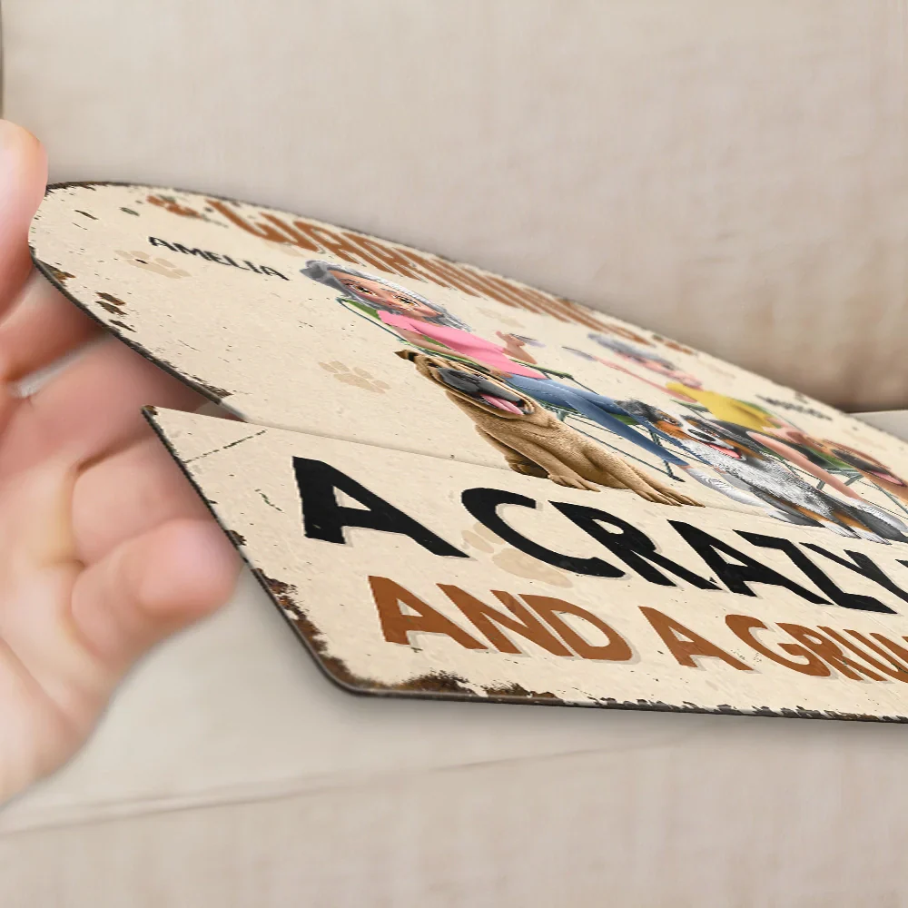 Beware A Crazy Dog Lady And Grumpy Old Man Live Here - Personalized Custom Shaped Metal Sign - Image 3