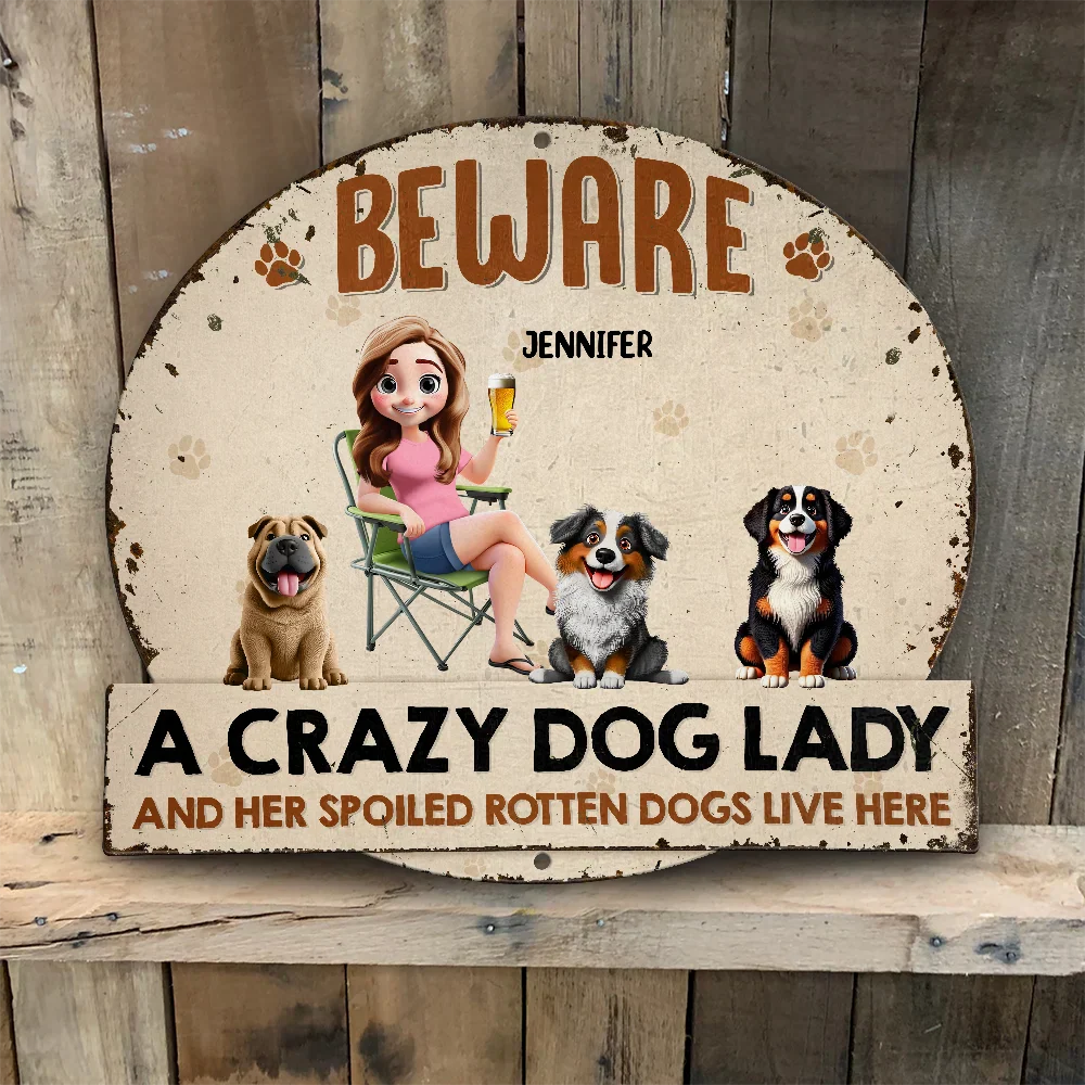 Beware A Crazy Dog Lady And Grumpy Old Man Live Here - Personalized Custom Shaped Metal Sign - Image 5