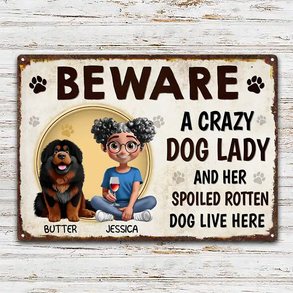 Beware A Crazy Dog Lady And Her Dogs Live Here - Personalized Classic Metal Signs - Image 2