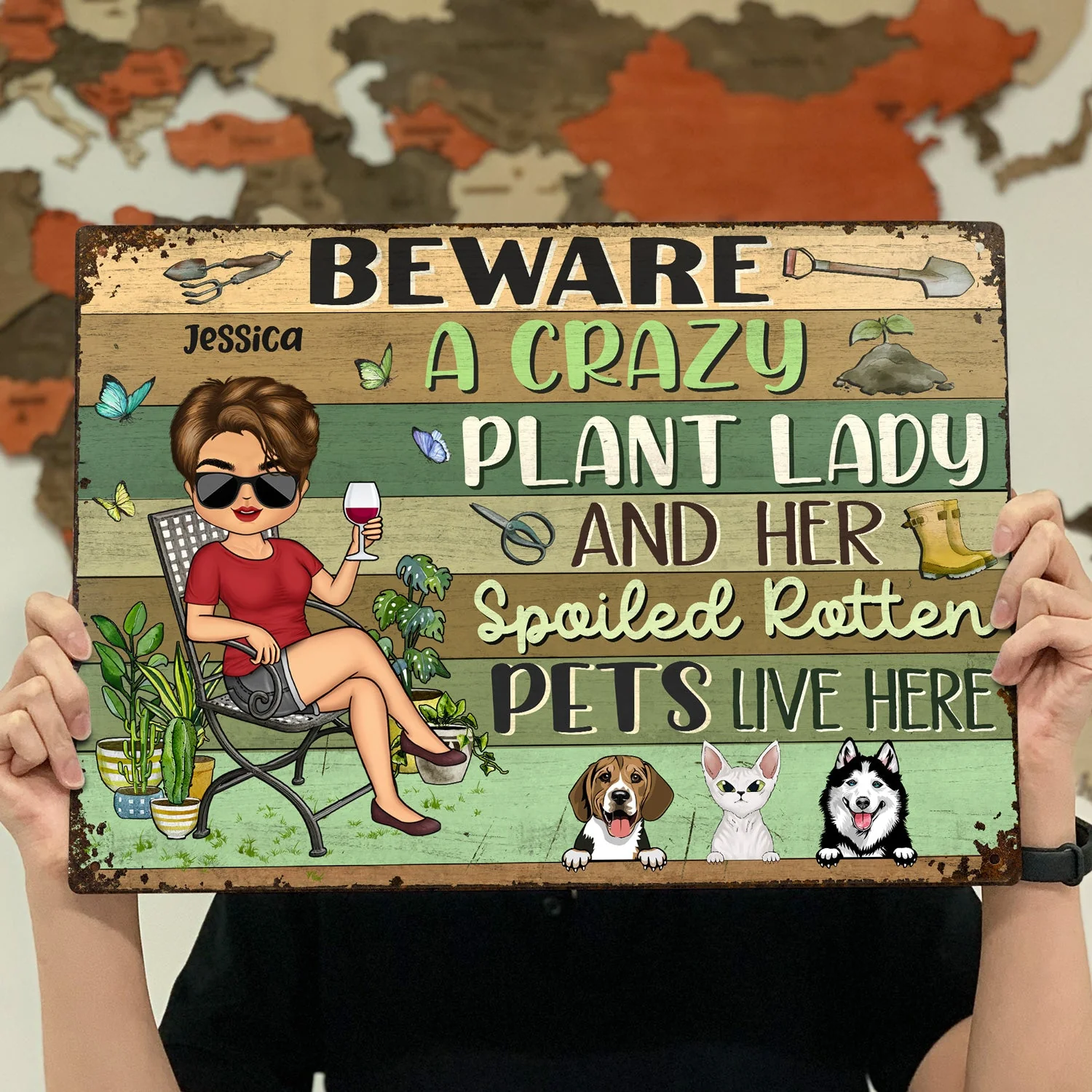 Beware A Crazy Plant Lady & Her Spoiled Rotten Dogs Cats Live Here Gardening Chibi - Garden Sign, Birthday, Housewarming Gift For Her, Him, Gardener, Outdoor Decor - Personalized Custom Classic Metal Signs - Image 4