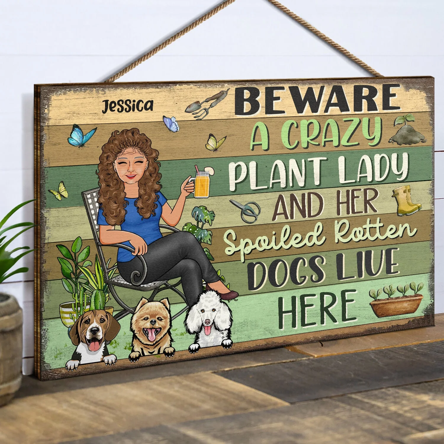 Beware A Crazy Plant Lady & Her Spoiled Rotten Dogs Live Here Gardening - Garden Sign, Birthday, Housewarming Gift For Her, Him, Gardener, Outdoor Decor - Personalized Custom Wood Rectangle Sign - Image 2