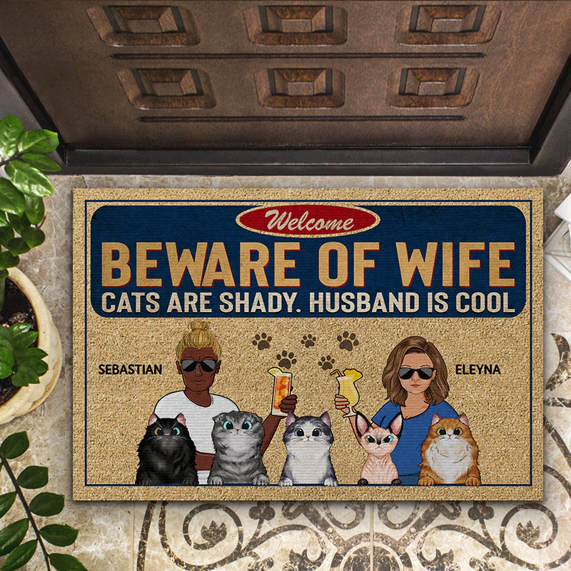 Beware Of Wife Cat Is Shady Husband Is Cool Couple Husband Wife - Gift For Cat Lovers - Personalized Custom Doormat - Image 2