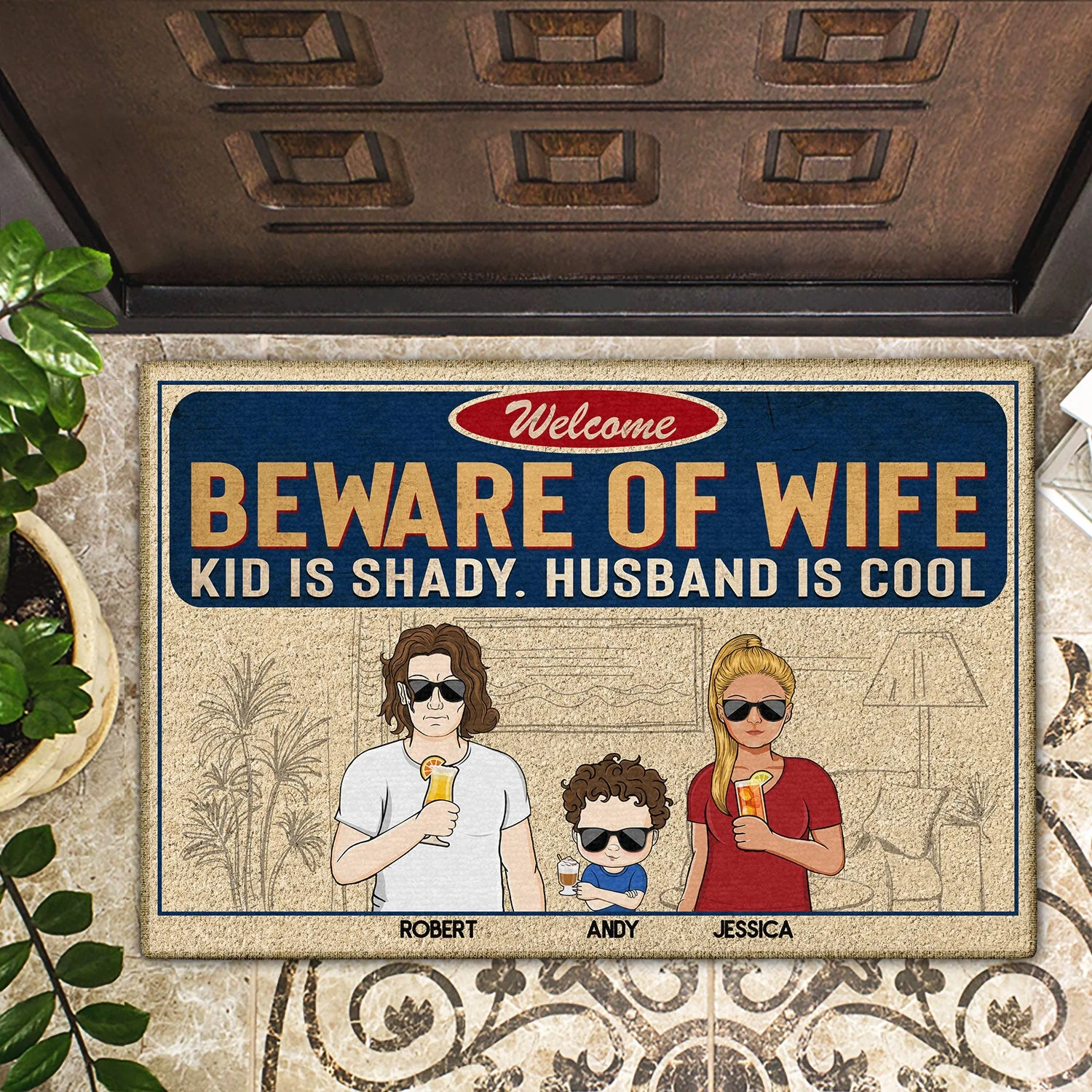 Beware Of Wife Kids Are Shady Husband Is Cool Couple Husband Wife Family - Personalized Custom Doormat - Image 2