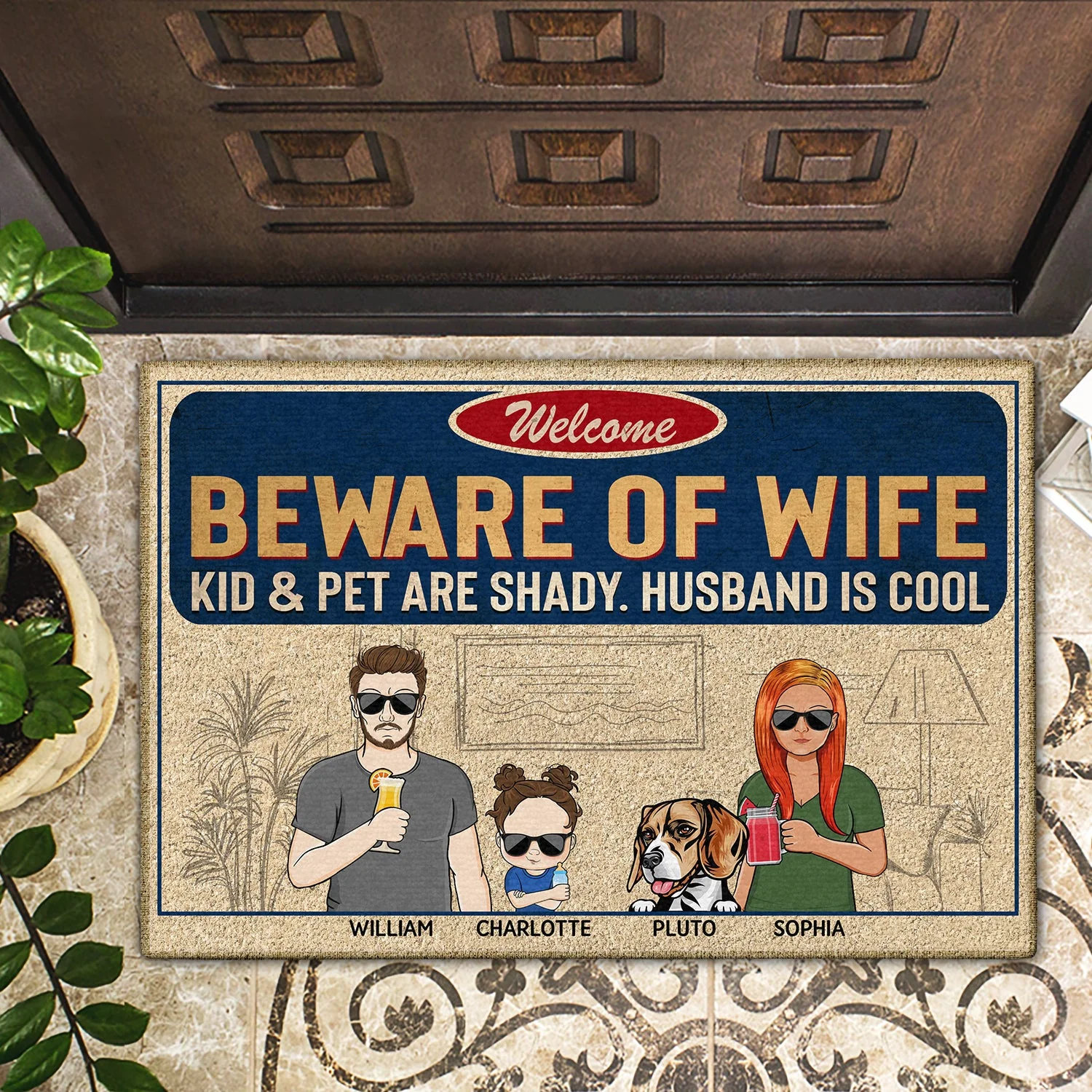 Beware Of Wife Kids & Pets Are Shady Husband Is Cool Couple Husband Wife - Home Decor, Funny, Anniversary Gift For Family, Dog Lovers, Cat Lovers - Personalized Custom Doormat - Image 2