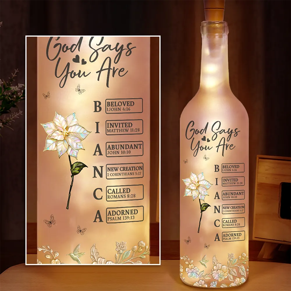 Bible Verse God Says I Am Birth Flower Nacre Effect - Personalized Bottle Light - Image 2