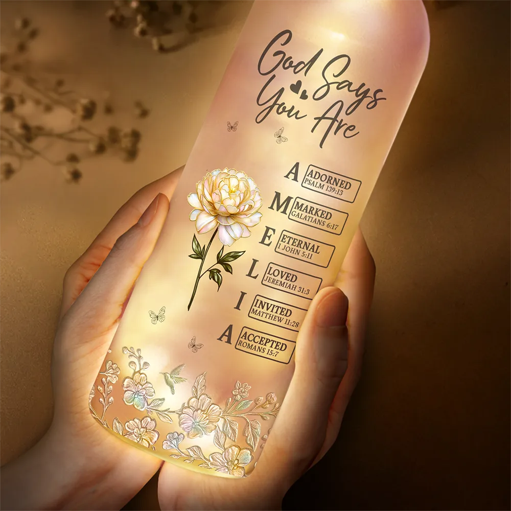 Bible Verse God Says I Am Birth Flower Nacre Effect - Personalized Bottle Light - Image 4