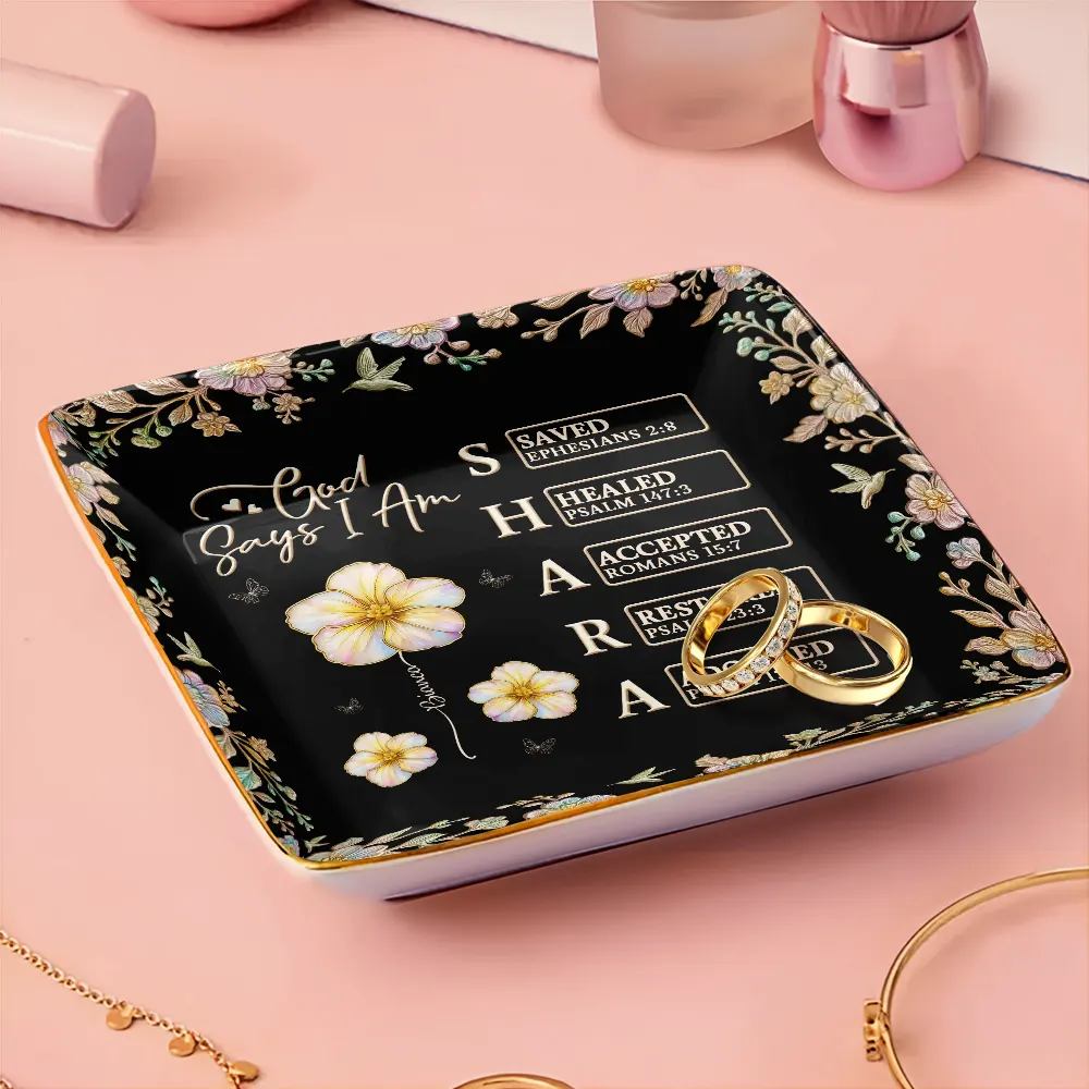 Bible Verse God Says I Am Birth Flower Nacre Effect - Personalized Ring Dish - Image 3
