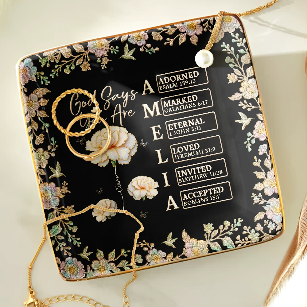 Bible Verse God Says I Am Birth Flower Nacre Effect - Personalized Ring Dish - Image 4
