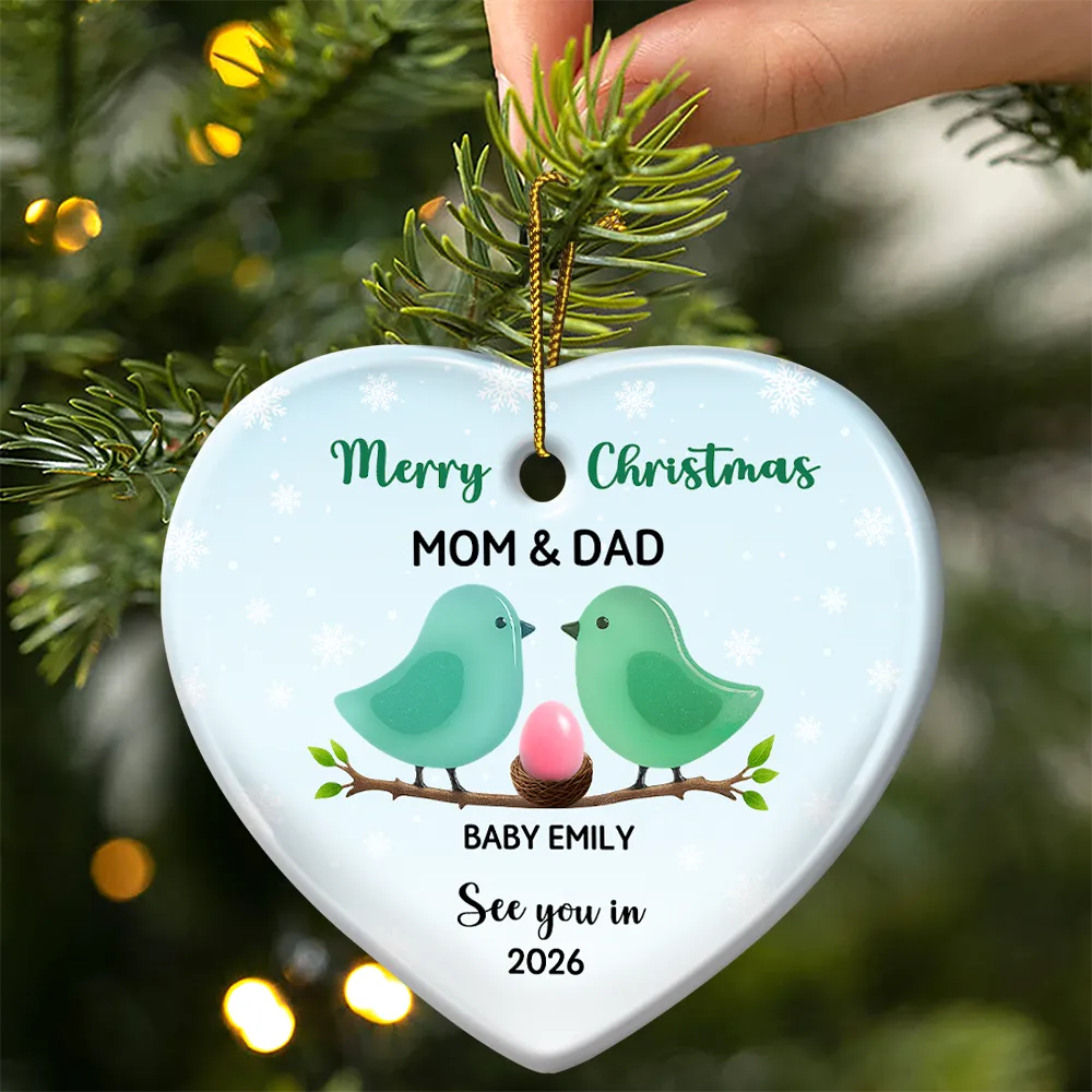 Bird Family Expecting Baby Sea Glass Effect - Personalized Heart Ceramic Ornament - Image 3