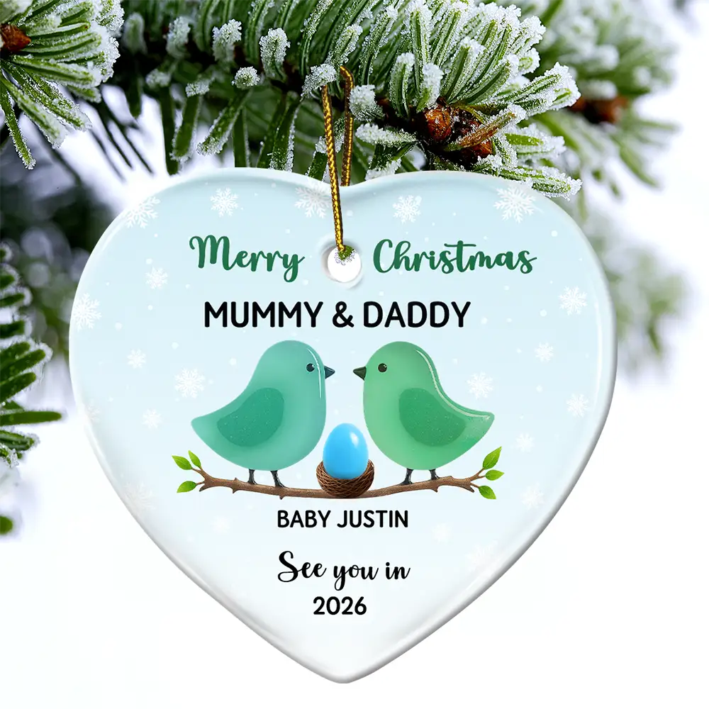 Bird Family Expecting Baby Sea Glass Effect - Personalized Heart Ceramic Ornament - Image 4