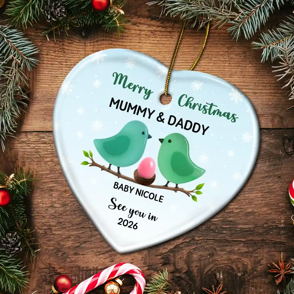 Bird Family Expecting Baby Sea Glass Effect - Personalized Heart Ceramic Ornament - Image 5
