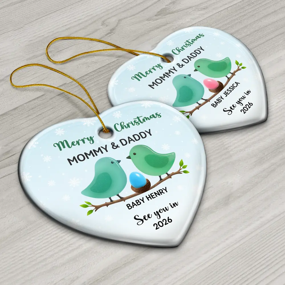 Bird Family Expecting Baby Sea Glass Effect - Personalized Heart Ceramic Ornament - Image 6