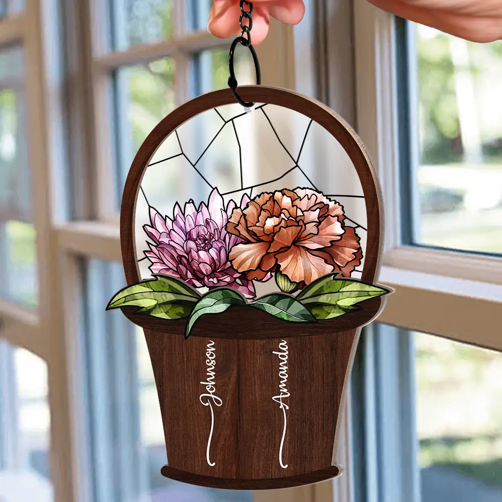 Birth Flower Basket Sisters Besties - Personalized Window Hanging Suncatcher Ornament - Image 2