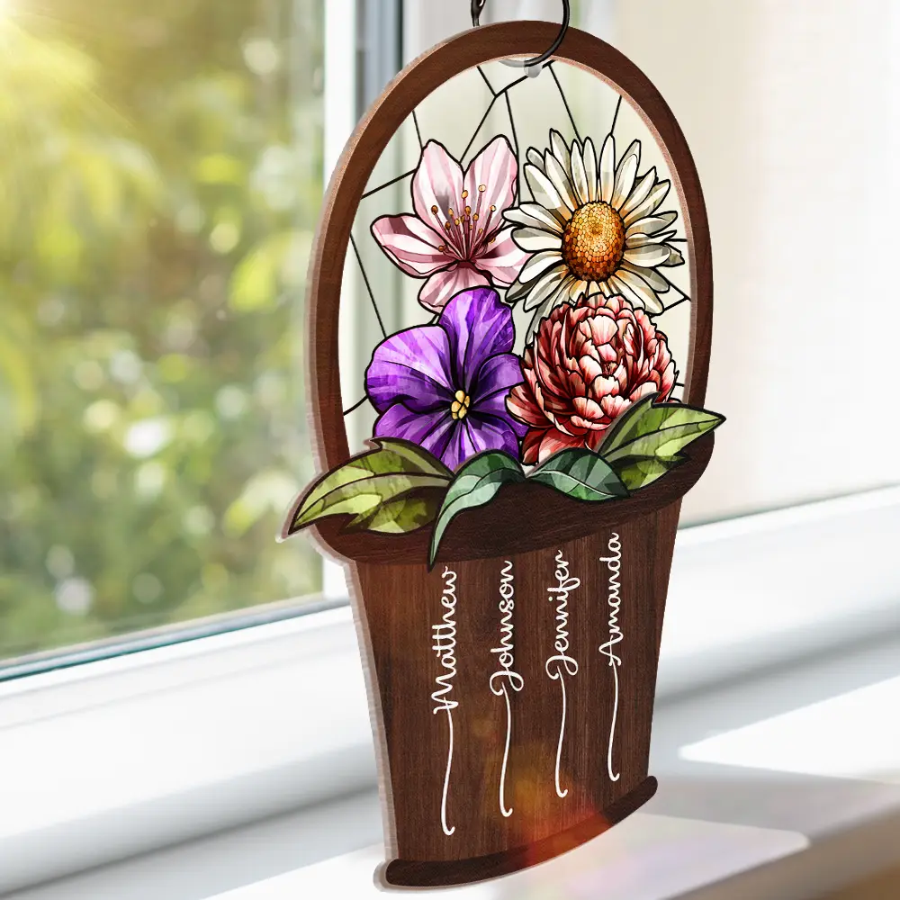 Birth Flower Basket Sisters Besties - Personalized Window Hanging Suncatcher Ornament - Image 3
