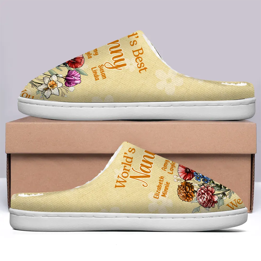 Birth Flower Best Grandma We Love You - Personalized Fluffy Slippers - Image 4