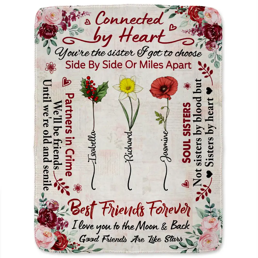 Birth Flower Besties Connected By Heart - Personalized Fleece Blanket, Sherpa Blanket - Image 2