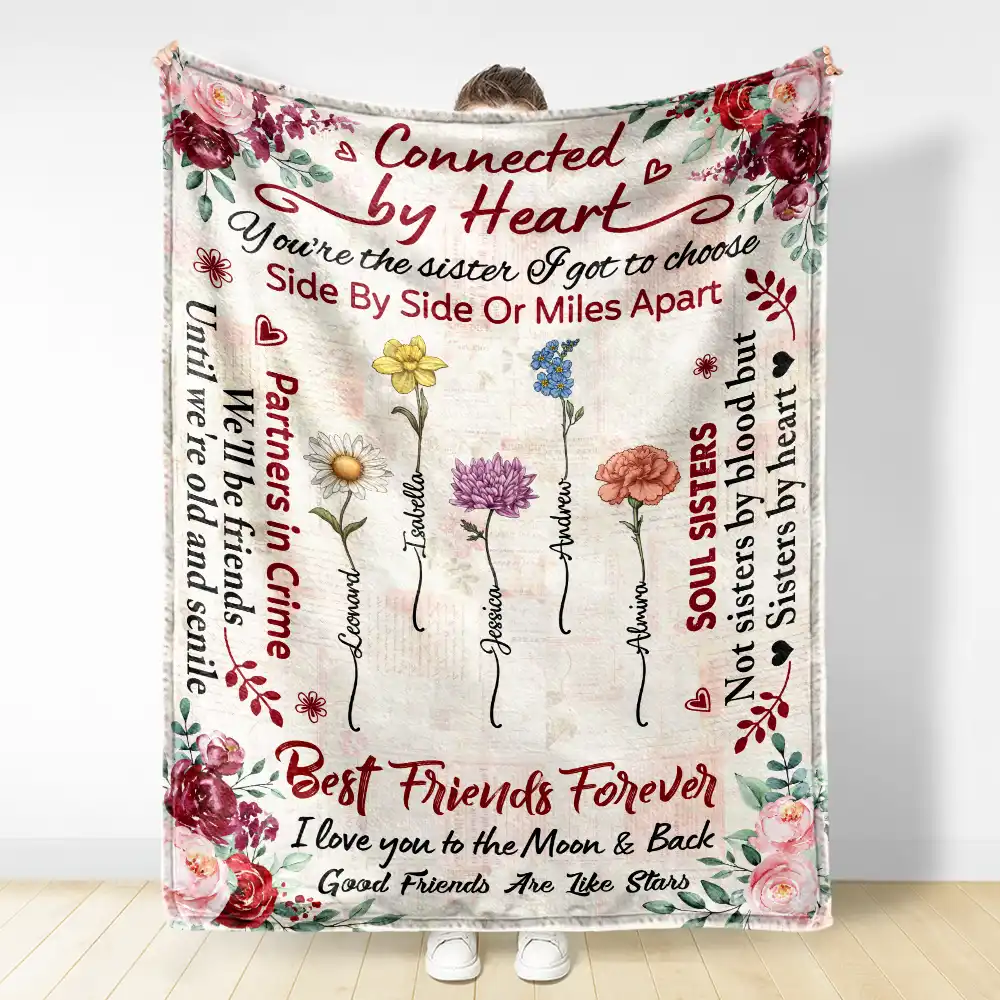 Birth Flower Besties Connected By Heart - Personalized Fleece Blanket, Sherpa Blanket - Image 3