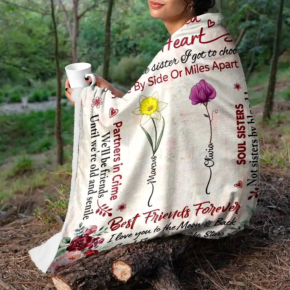 Birth Flower Besties Connected By Heart - Personalized Fleece Blanket, Sherpa Blanket - Image 5
