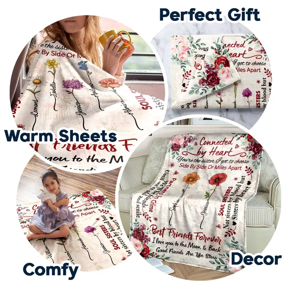 Birth Flower Besties Connected By Heart - Personalized Fleece Blanket, Sherpa Blanket - Image 7
