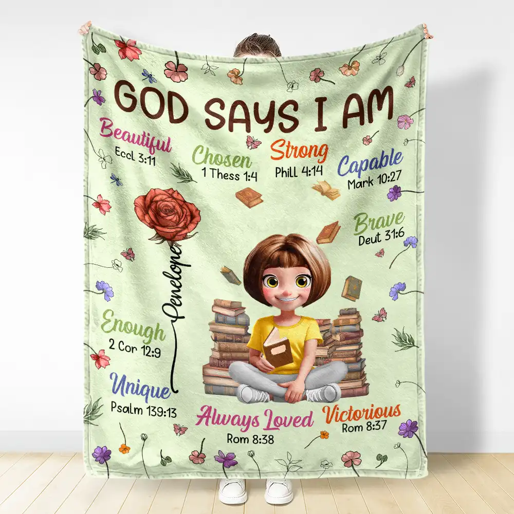 Birth Flower Bible Verse God Says I Am - Personalized Fleece Blanket, Sherpa Blanket - Image 3