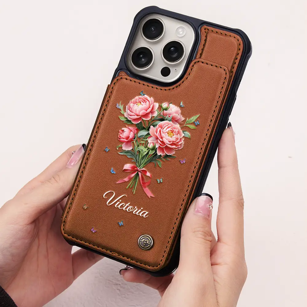 Birth Flower Bouquet And Name - Personalized Leather Flip Wallet Phone Case - Image 2