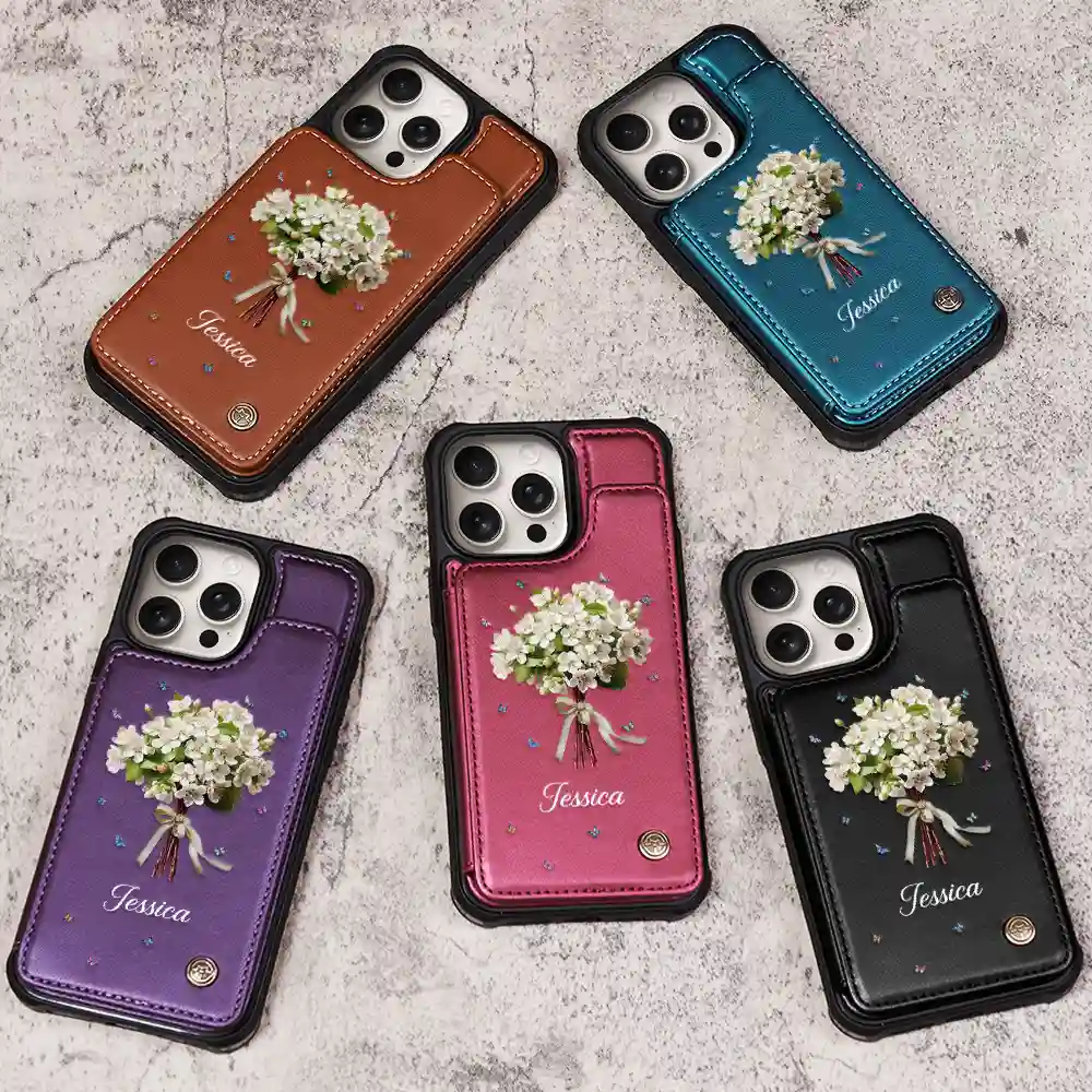 Birth Flower Bouquet And Name - Personalized Leather Flip Wallet Phone Case - Image 3