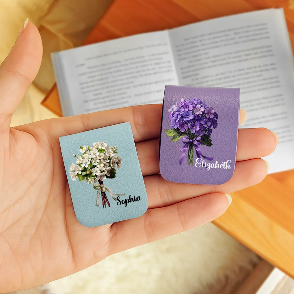 Birth Flower Bouquet Book Keepsake - Personalized Leather Magnetic Bookmark - Image 3