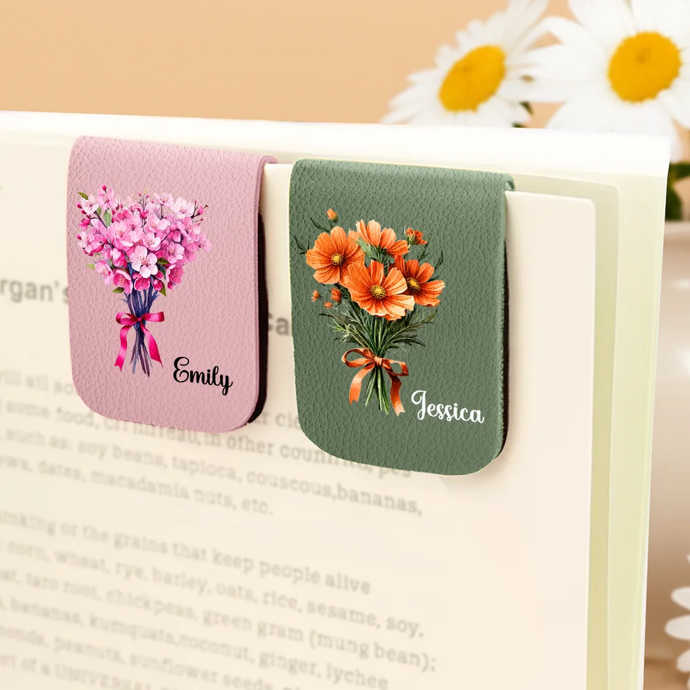 Birth Flower Bouquet Book Keepsake - Personalized Leather Magnetic Bookmark - Image 4