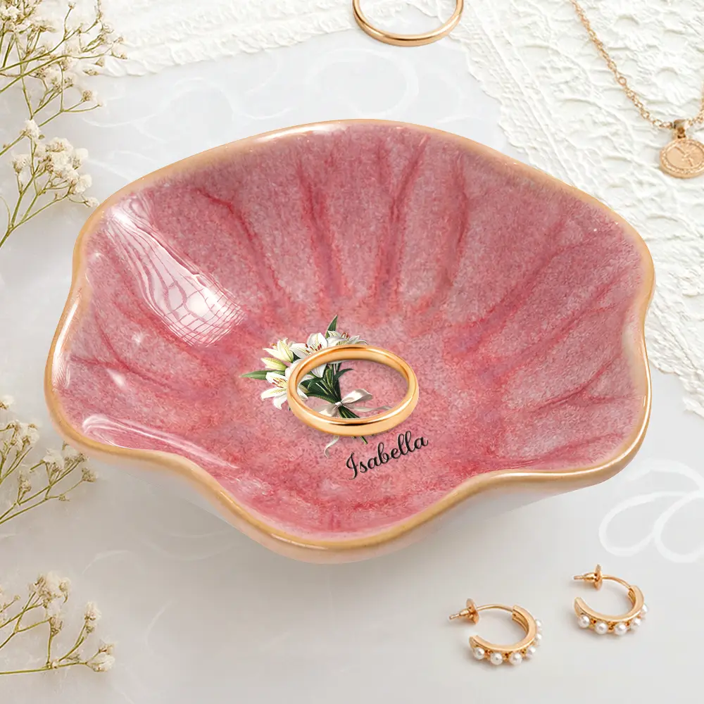 Birth Flower Bouquet Custom Name - Personalized Lotus Jewelry Dish - Image 2