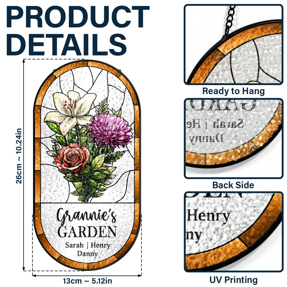 Birth Flower Bouquet Grandma's Garden - Personalized Rounded Rectangle Stained Glass Suncatcher - Image 3