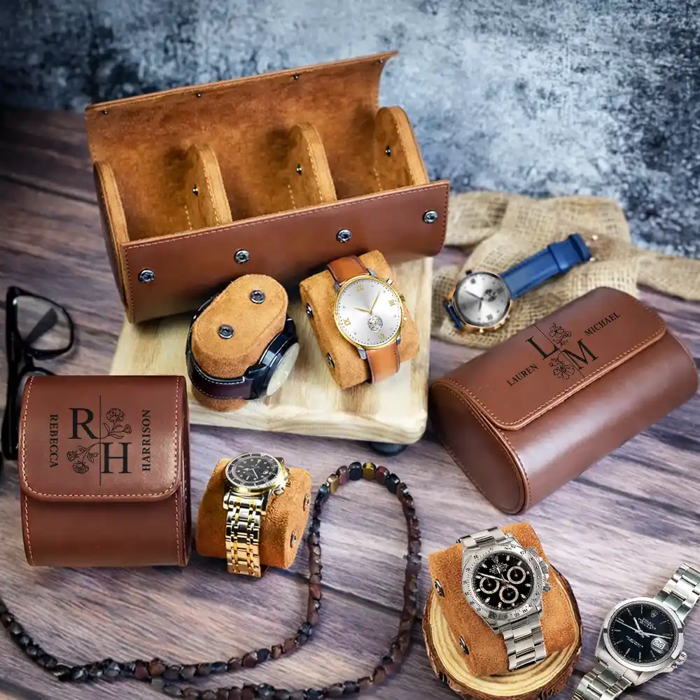 Birth Flower Couple Custom Monogram Name - Personalized Leather Watch Case - Image 2
