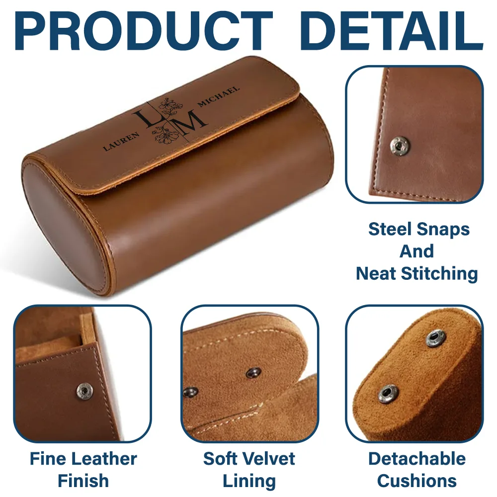 Birth Flower Couple Custom Monogram Name - Personalized Leather Watch Case - Image 4