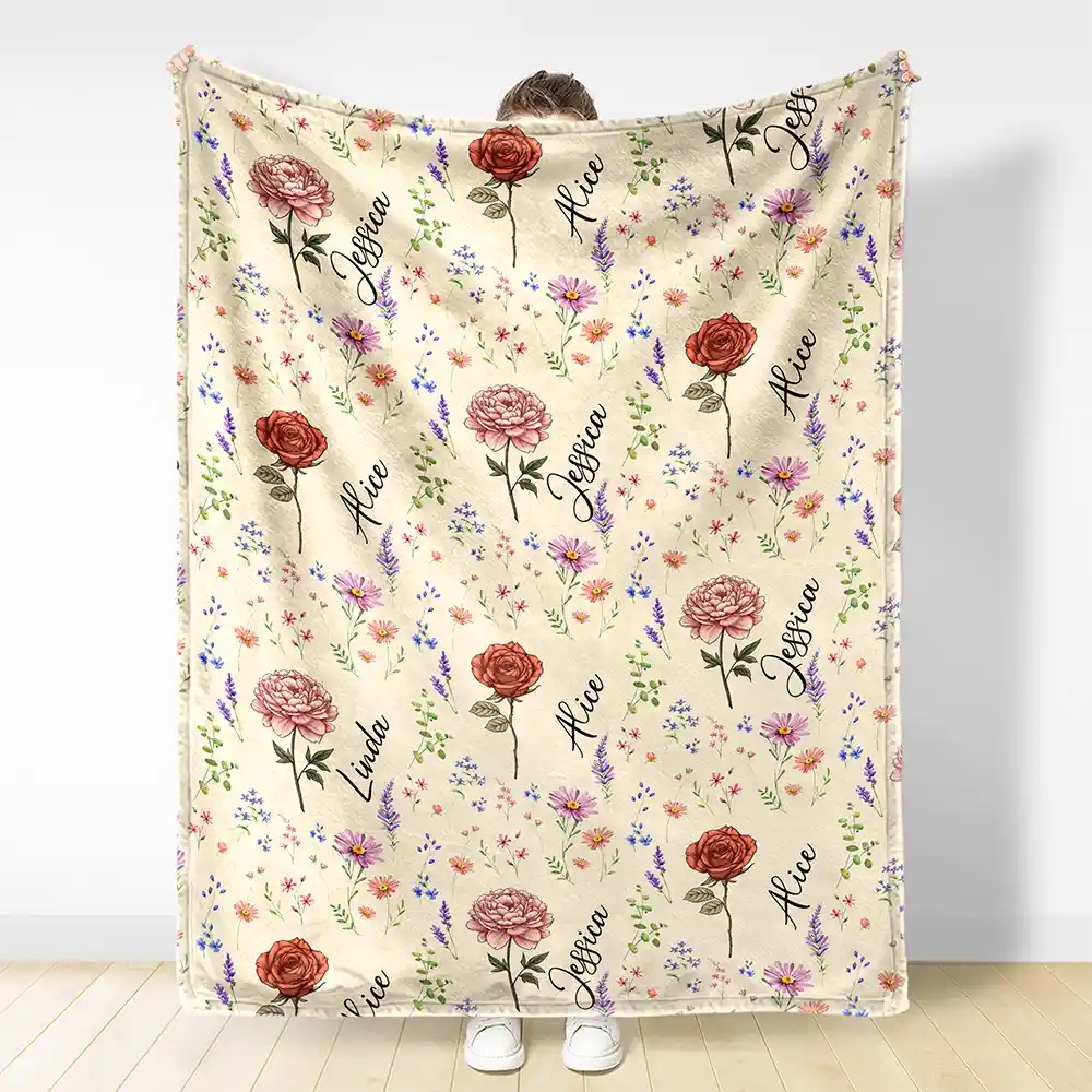 Birth Flower Custom Name Bestie - Personalized Fleece Blanket, Sherpa Blanket - Image 3