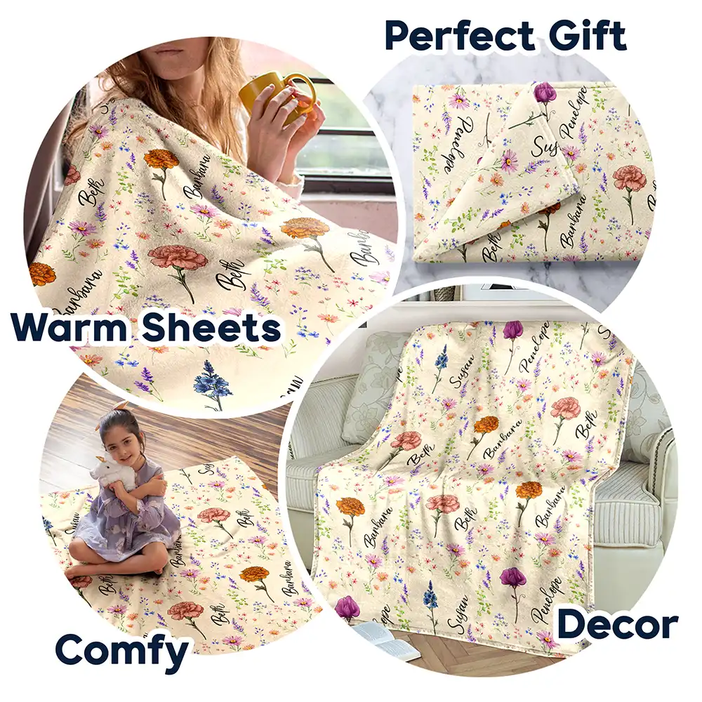Birth Flower Custom Name Bestie - Personalized Fleece Blanket, Sherpa Blanket - Image 7