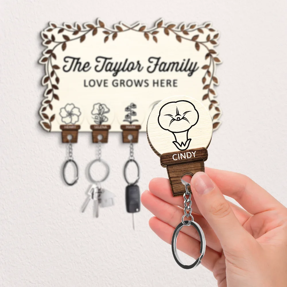 Birth Flower Family Love Grows Here - Personalized Custom Shaped Key Holder - Image 2