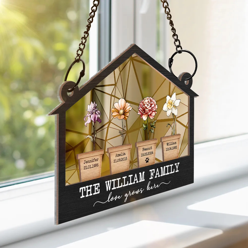 Birth Flower Family Love Grows Here - Personalized Window Hanging Suncatcher Ornament - Image 3