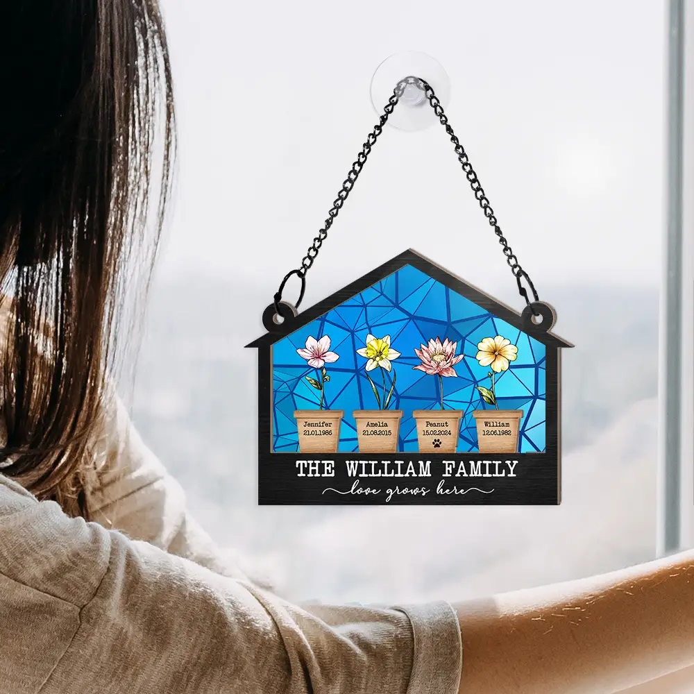 Birth Flower Family Love Grows Here - Personalized Window Hanging Suncatcher Ornament - Image 4
