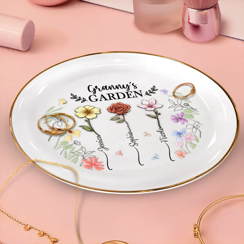Birth Flower Grandma's Garden - 3D Embossed Effect Printed Ring Dish, Personalized Round Ring Dish - Image 3