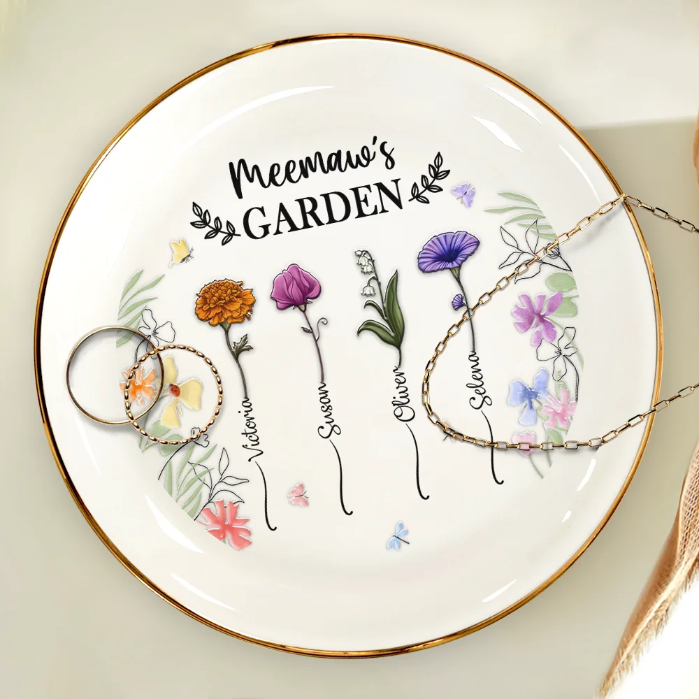 Birth Flower Grandma's Garden - 3D Embossed Effect Printed Ring Dish, Personalized Round Ring Dish - Image 4