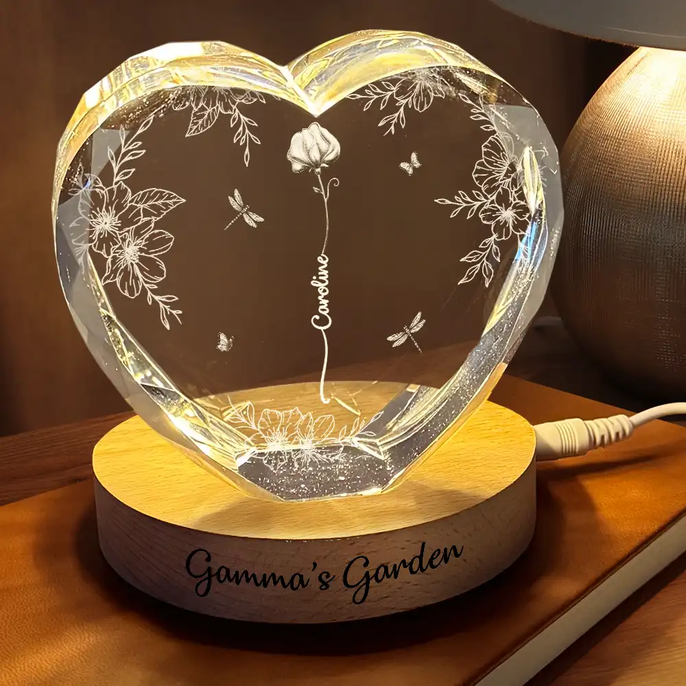 Birth Flower Grandma's Garden - Personalized Crystal Heart Shaped Lamp - Image 2