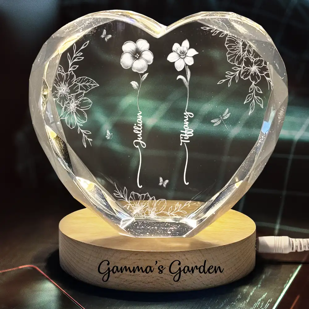Birth Flower Grandma's Garden - Personalized Crystal Heart Shaped Lamp - Image 3